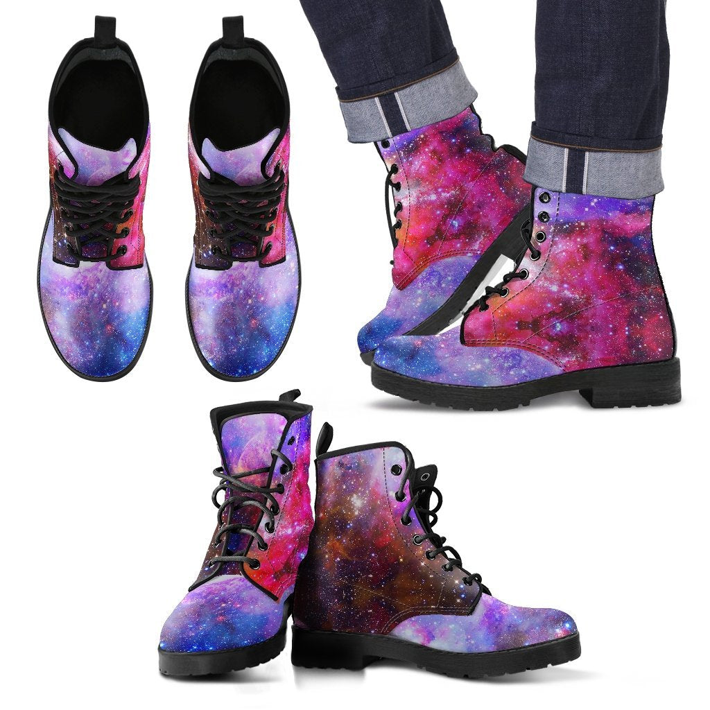 Galaxy Space Purple Stardust Print Men Women Leather Boots-grizzshop