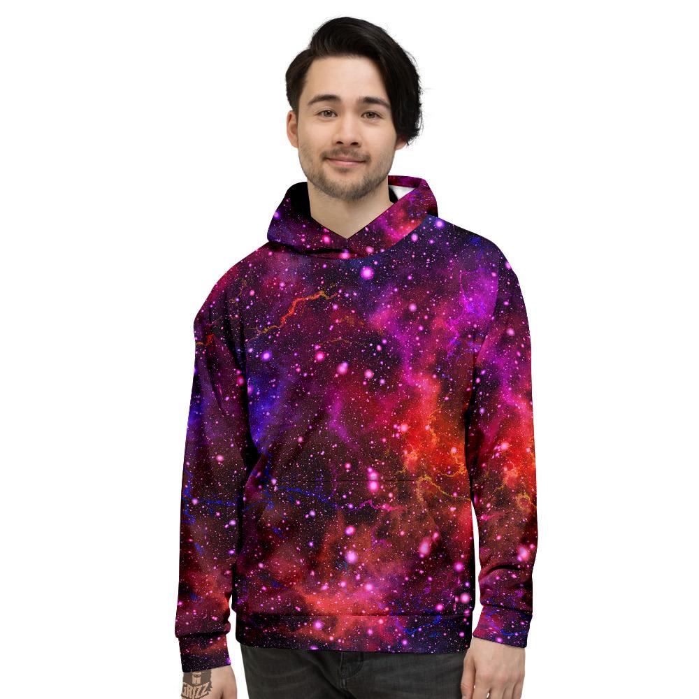 Galaxy Space Red Purple Nebula Print Men's Hoodie-grizzshop