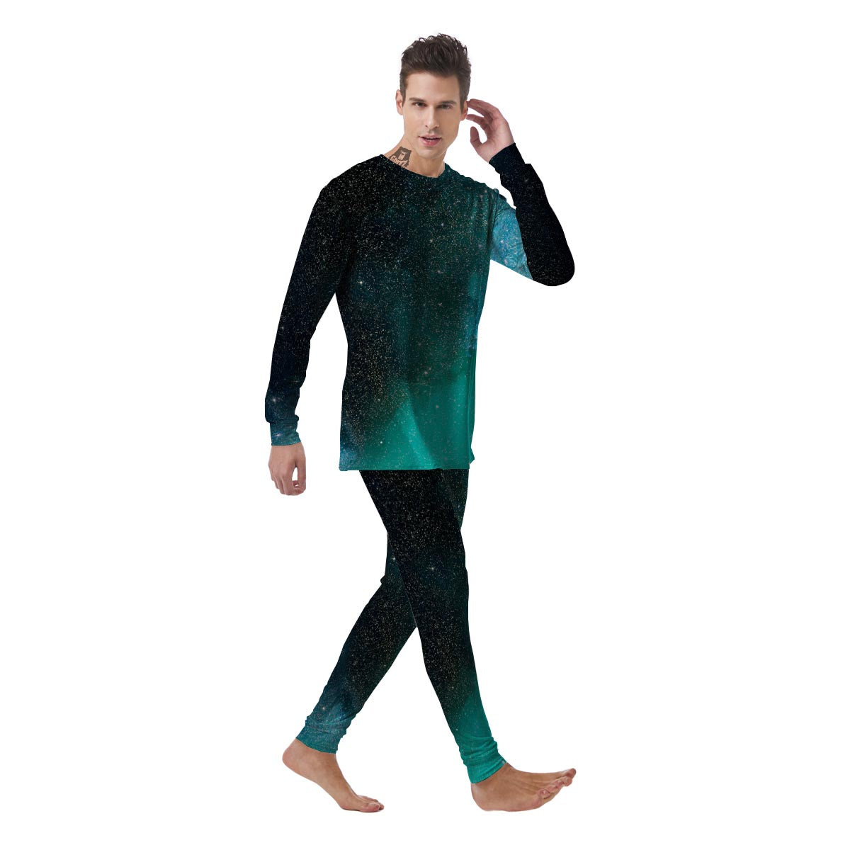 Galaxy Space Teal Stardust Print Men's Pajamas-grizzshop