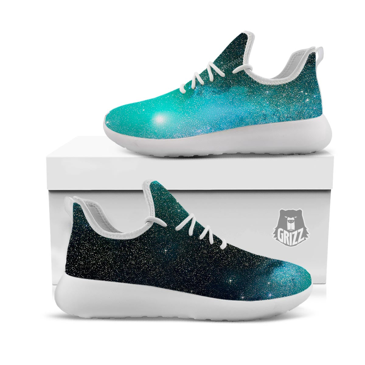 Galaxy Space Teal Stardust Print White Athletic Shoes-grizzshop