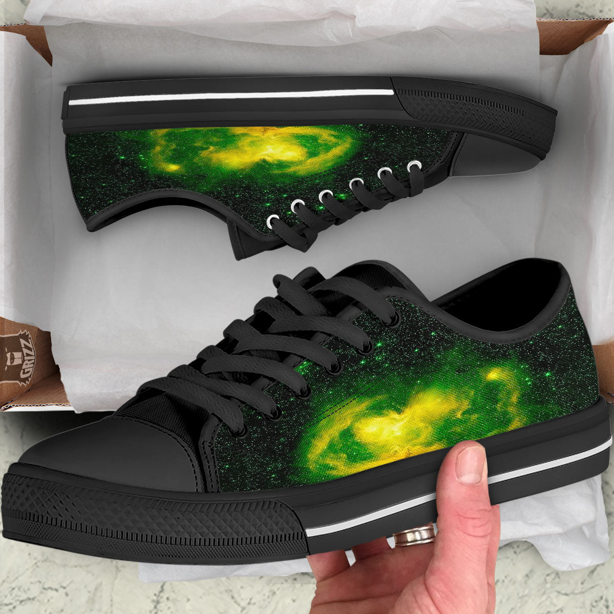 Galaxy Sparkle Green Print Black Low Top Shoes-grizzshop