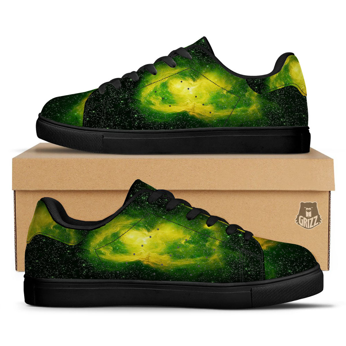Galaxy Sparkle Green Print Black Low Top Sneakers-grizzshop