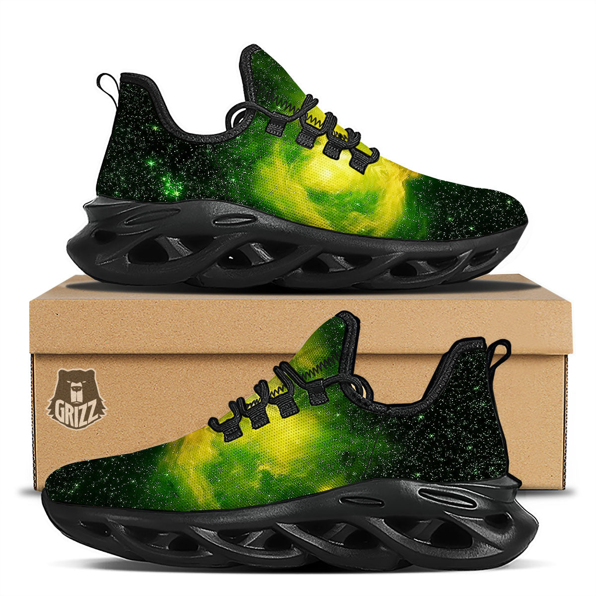 Galaxy Sparkle Green Print Black Running Shoes-grizzshop