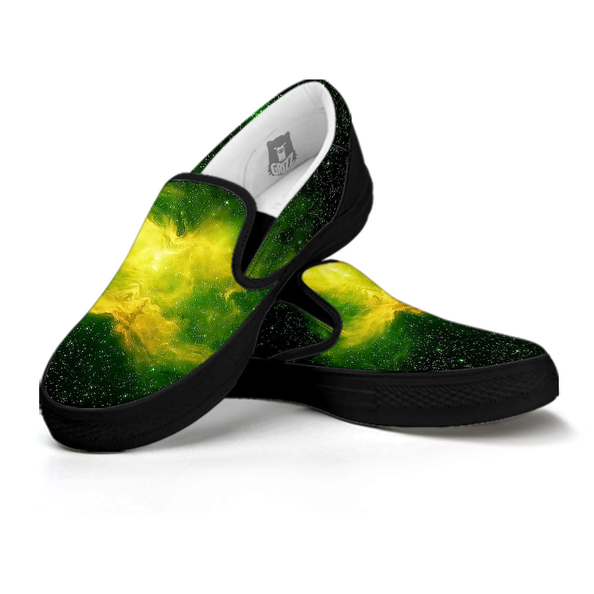 Galaxy Sparkle Green Print Black Slip On Shoes-grizzshop