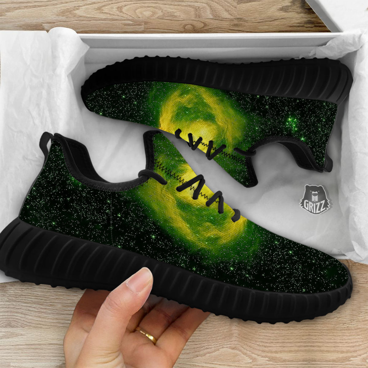 Galaxy Sparkle Green Print Black Walking Shoes-grizzshop