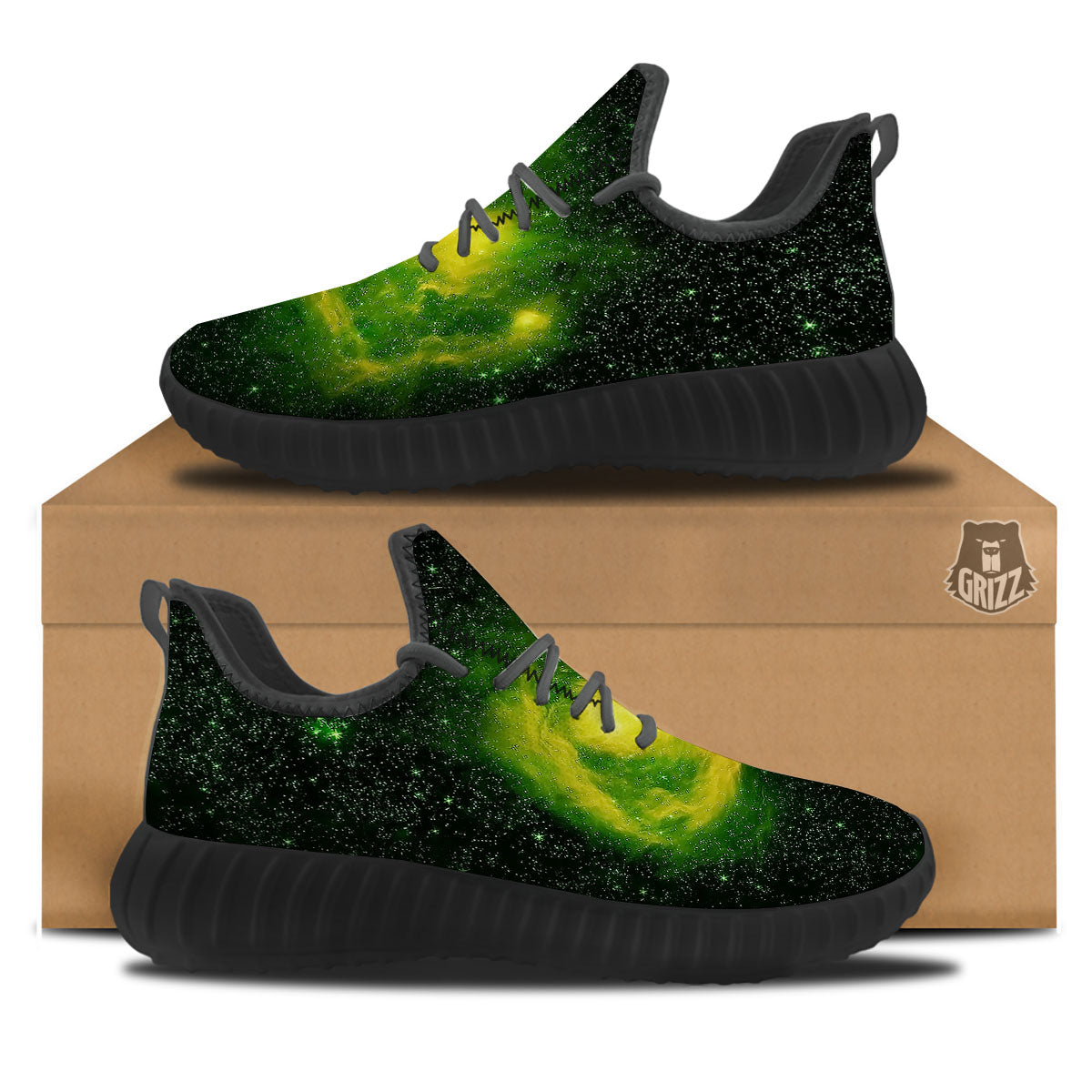 Galaxy Sparkle Green Print Black Walking Shoes-grizzshop
