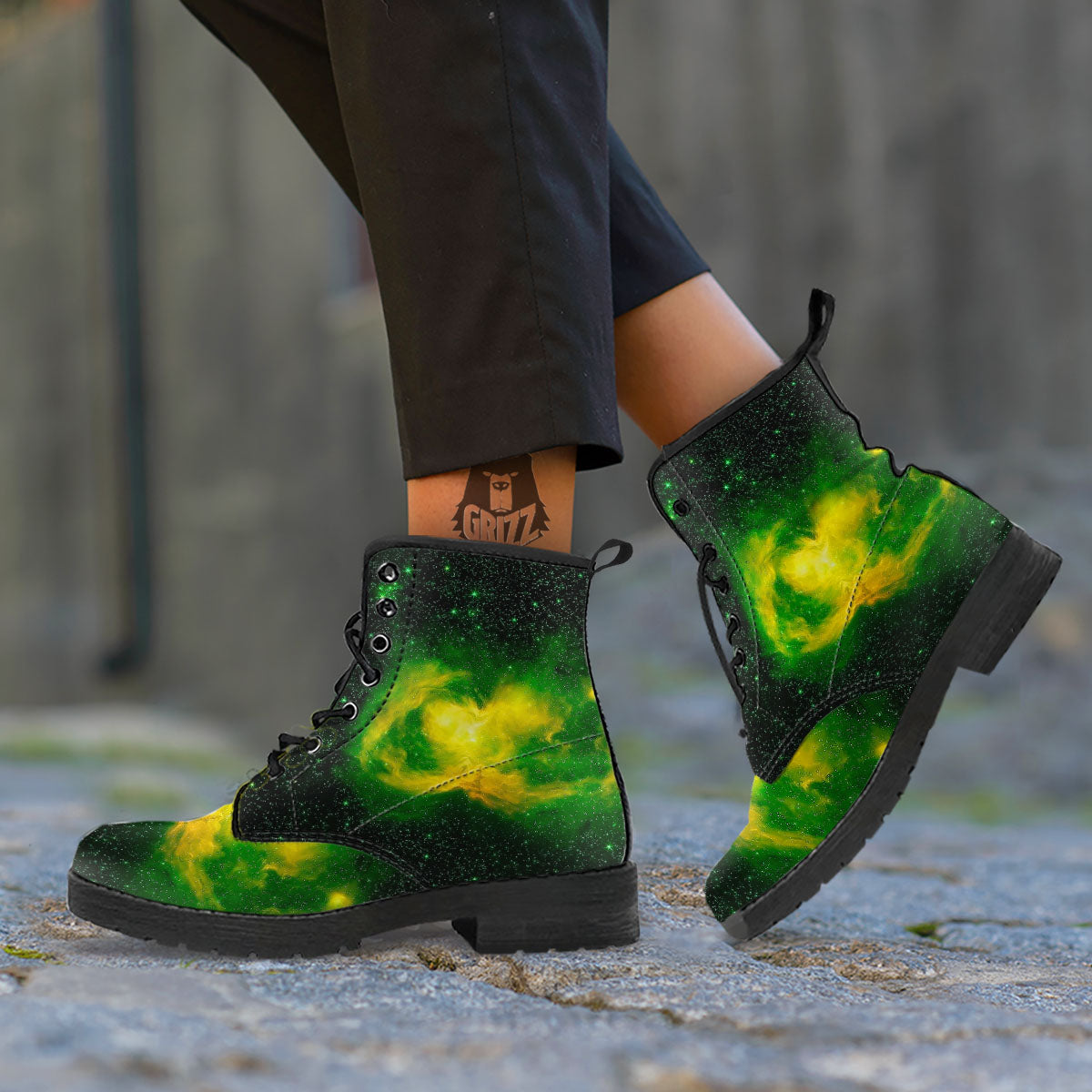 Galaxy Sparkle Green Print Leather Boots-grizzshop