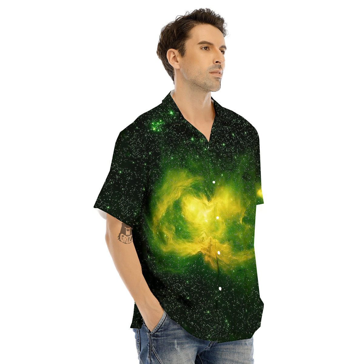 Galaxy Sparkle Green Print Men's Hawaiian Shirt-grizzshop