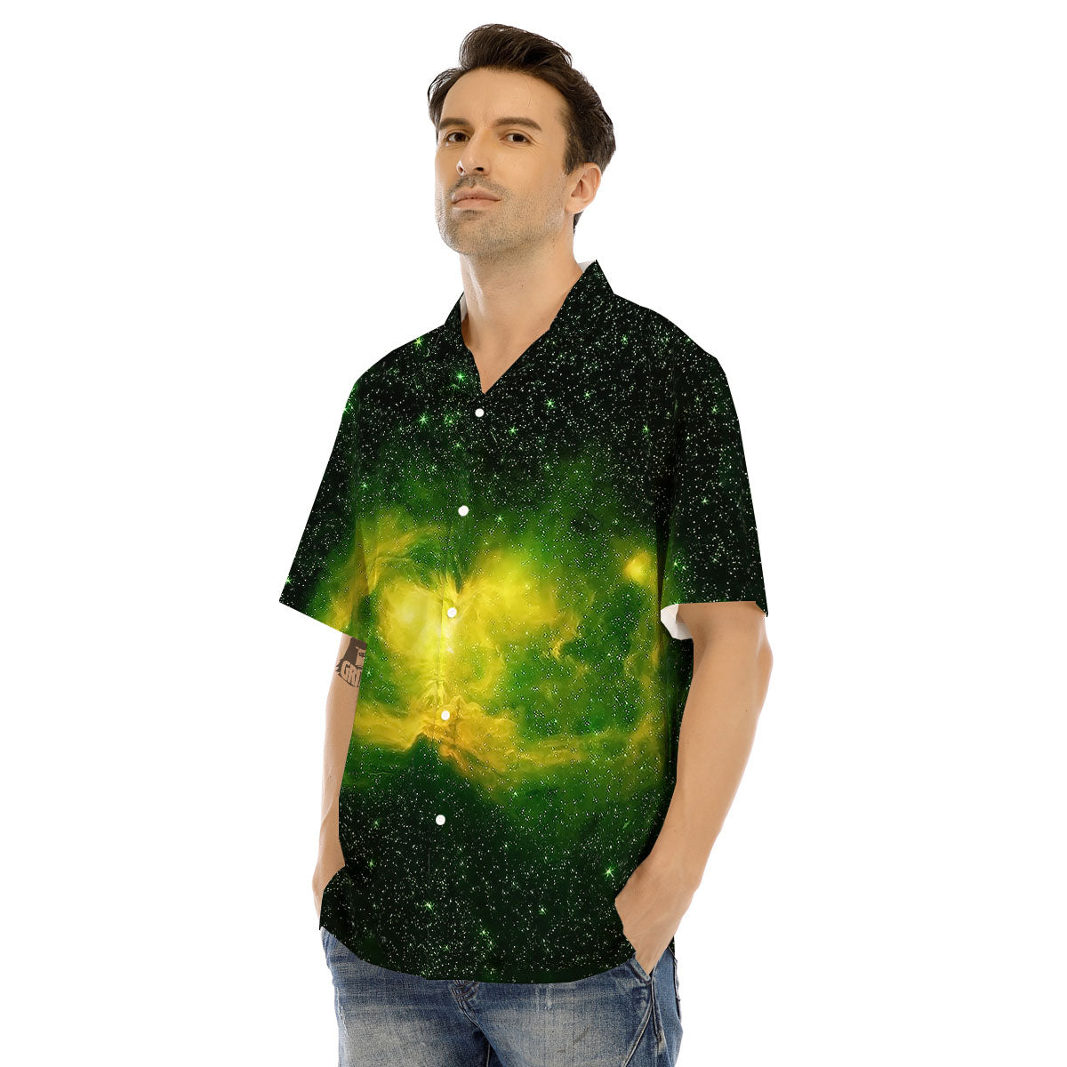 Galaxy Sparkle Green Print Men's Hawaiian Shirt-grizzshop