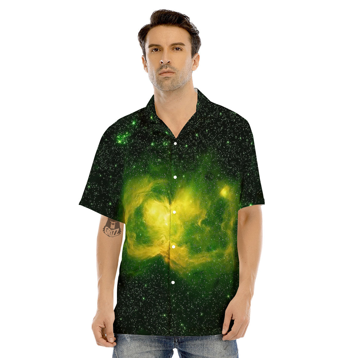 Galaxy Sparkle Green Print Men's Hawaiian Shirt-grizzshop