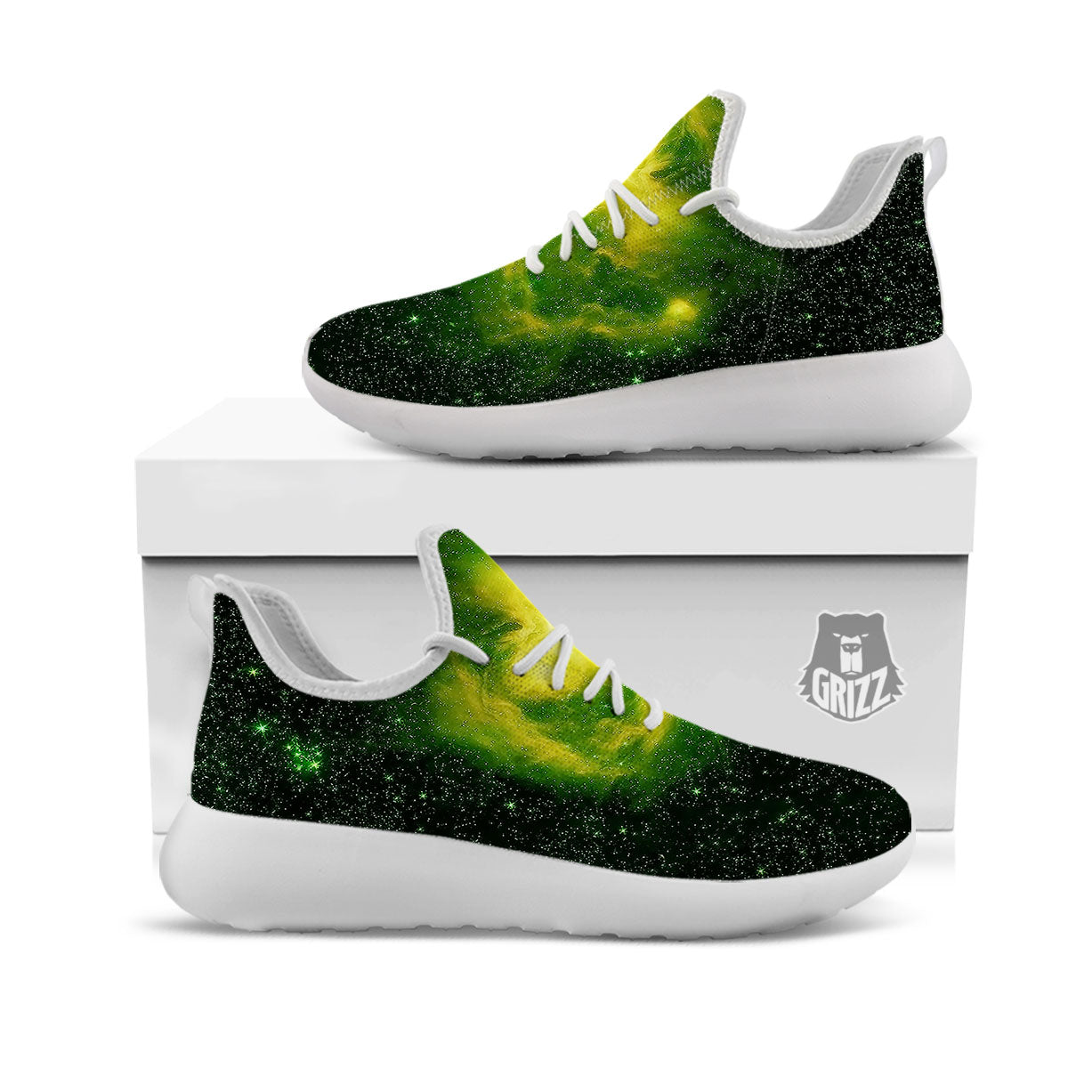 Galaxy Sparkle Green Print White Athletic Shoes-grizzshop