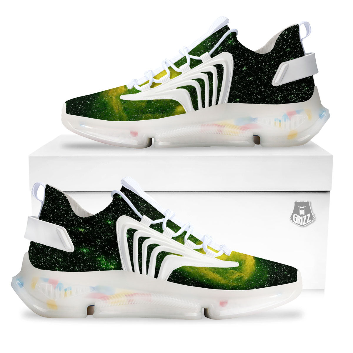 Galaxy Sparkle Green Print White Gym Shoes-grizzshop