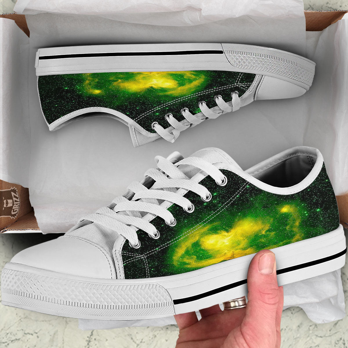 Galaxy Sparkle Green Print White Low Top Shoes-grizzshop