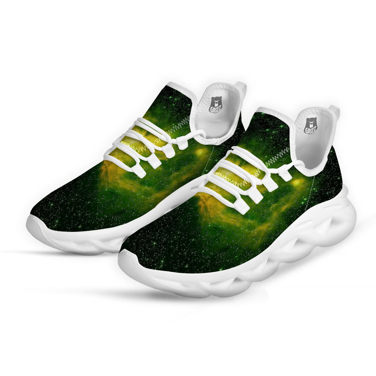 Galaxy Sparkle Green Print White Running Shoes-grizzshop