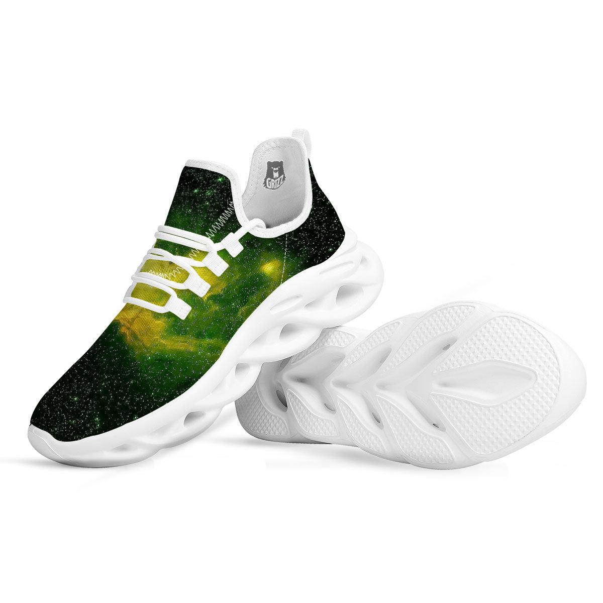 Galaxy Sparkle Green Print White Running Shoes-grizzshop