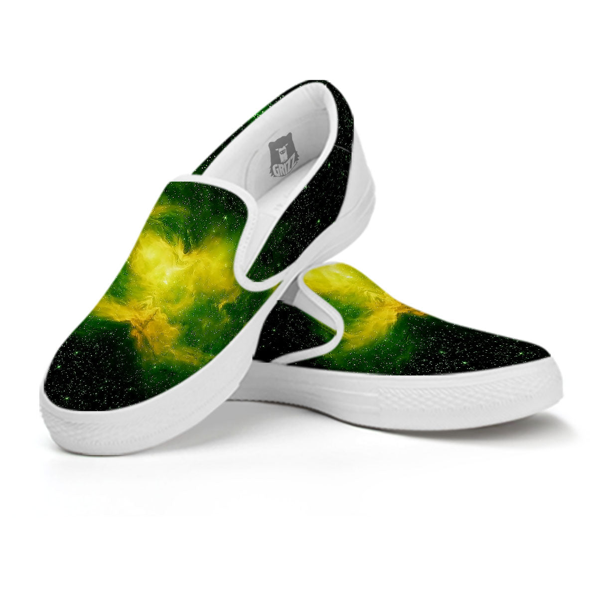 Galaxy Sparkle Green Print White Slip On Shoes-grizzshop