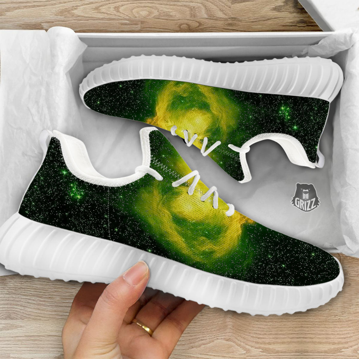 Galaxy Sparkle Green Print White Walking Shoes-grizzshop
