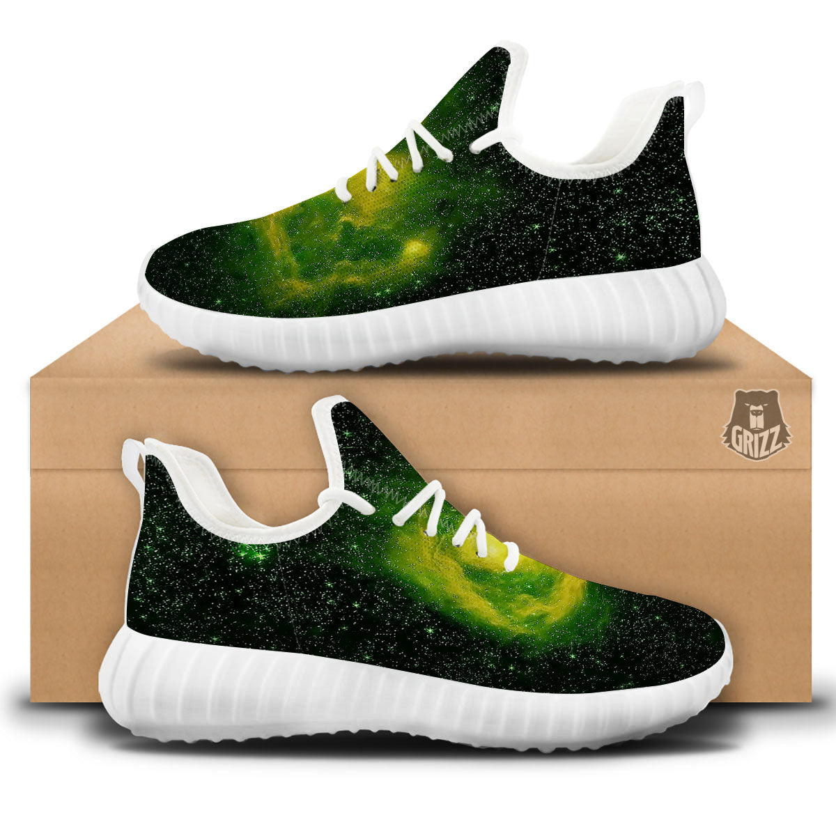 Galaxy Sparkle Green Print White Walking Shoes-grizzshop