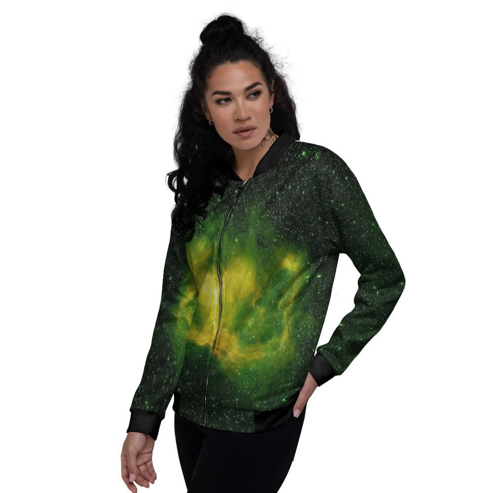 Galaxy Sparkle Green Print Women's Bomber Jacket-grizzshop