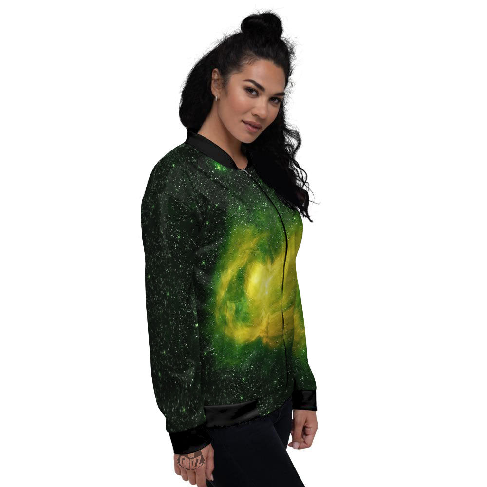 Galaxy Sparkle Green Print Women's Bomber Jacket-grizzshop