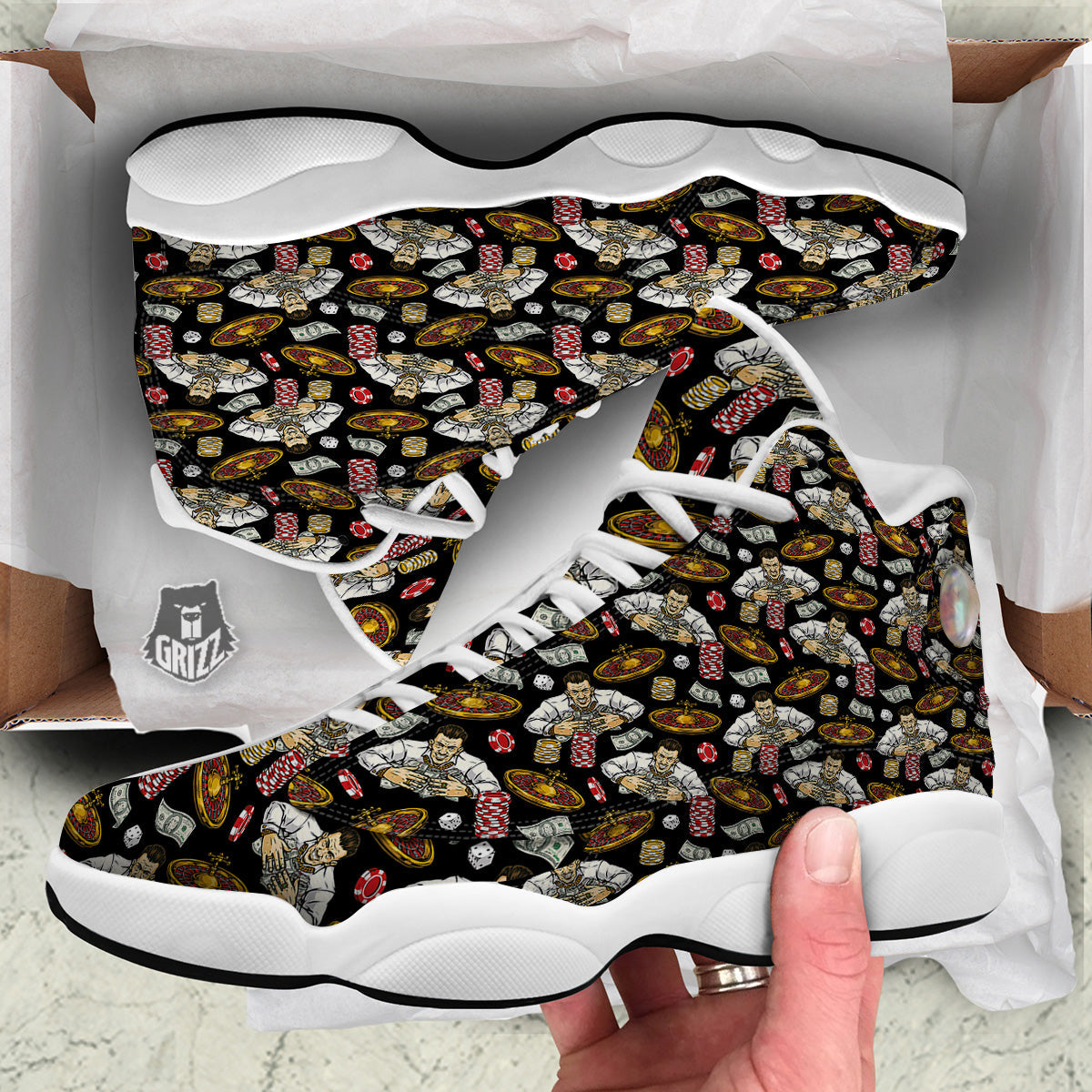 Gambling And Money Vintage Print Pattern White Basketball Shoes-grizzshop