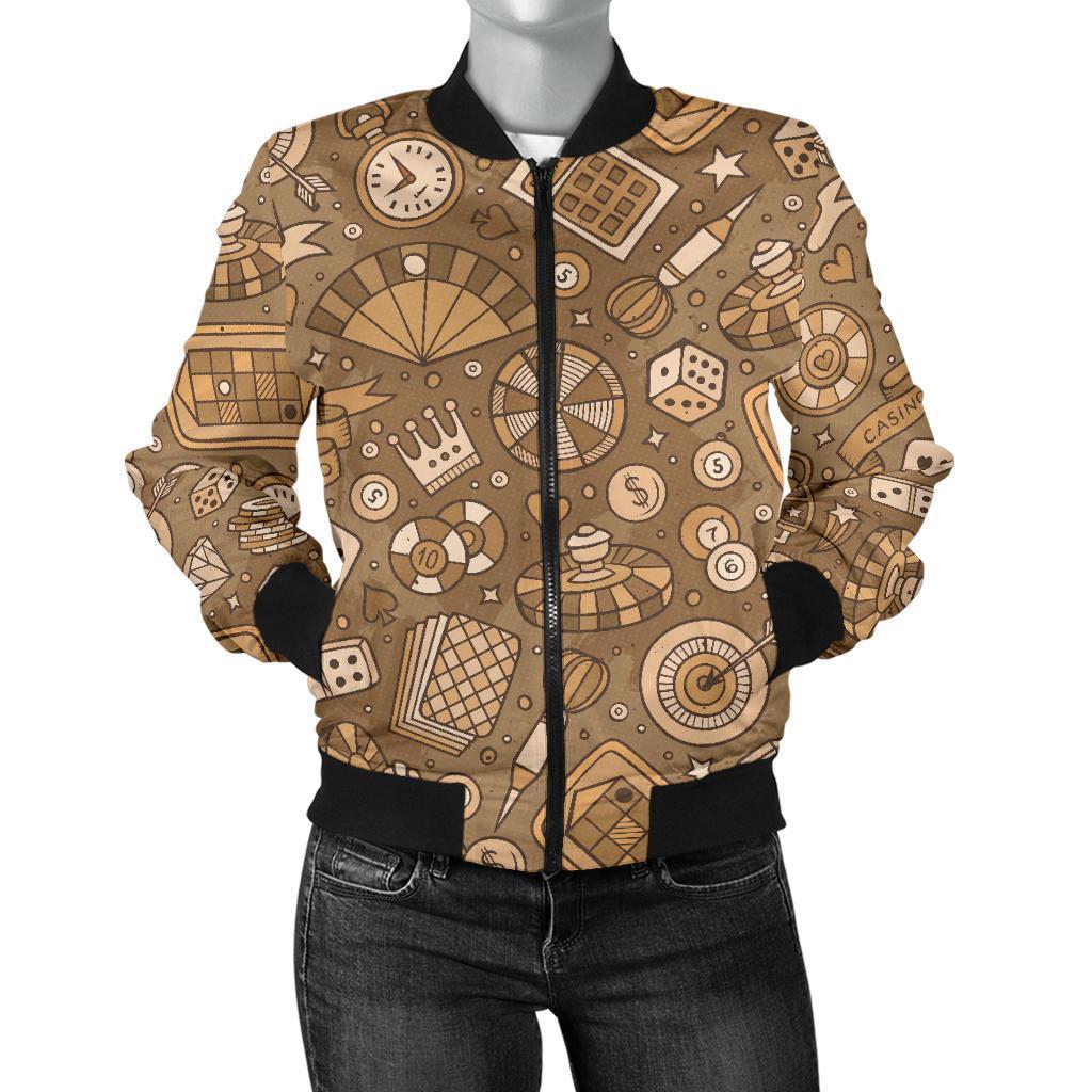 Gambling Poker Pattern Print Women Casual Bomber Jacket-grizzshop