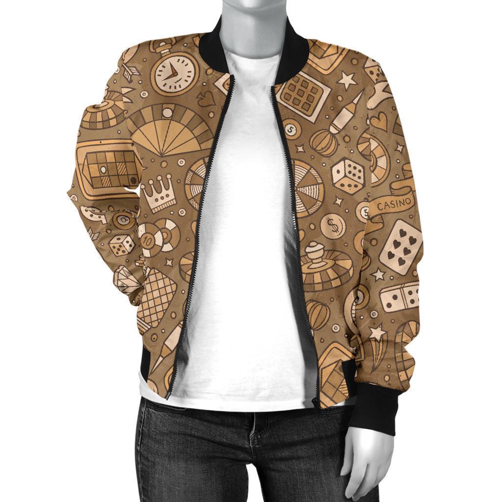 Gambling Poker Pattern Print Women Casual Bomber Jacket-grizzshop