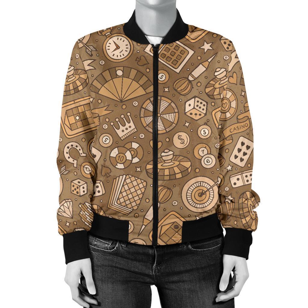 Gambling Poker Pattern Print Women Casual Bomber Jacket-grizzshop