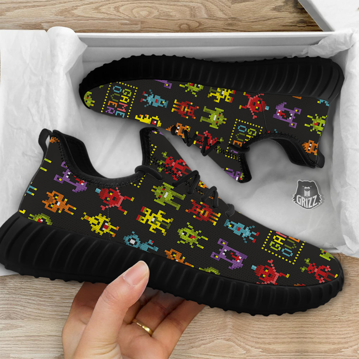 Game Monsters 8-Bit Video Print Pattern Black Walking Shoes-grizzshop