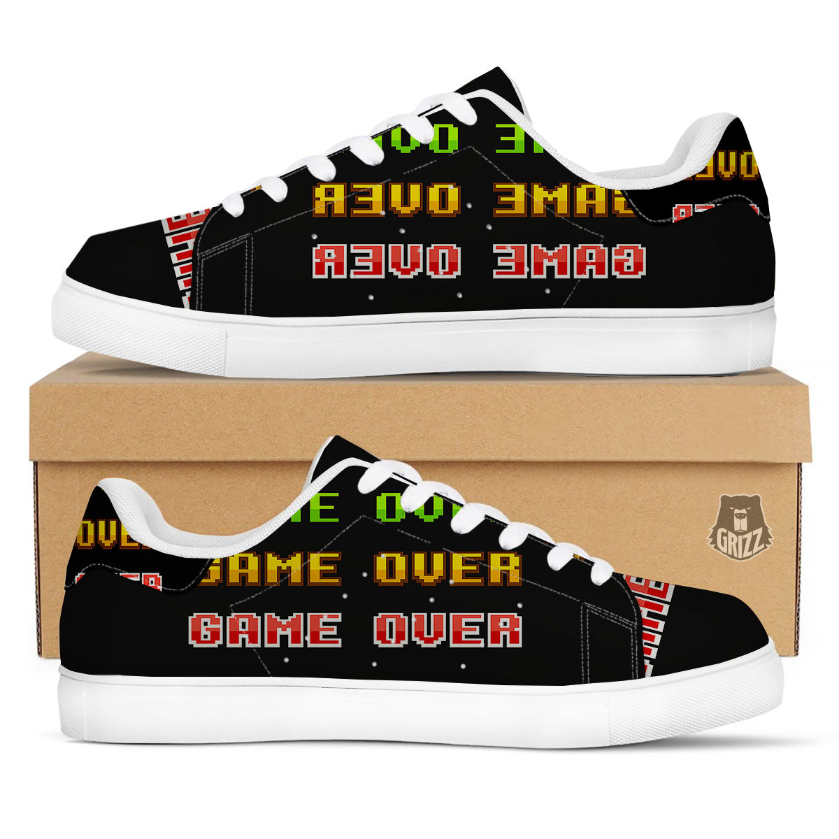 Game Over 8-Bit Print White Low Top Sneakers-grizzshop