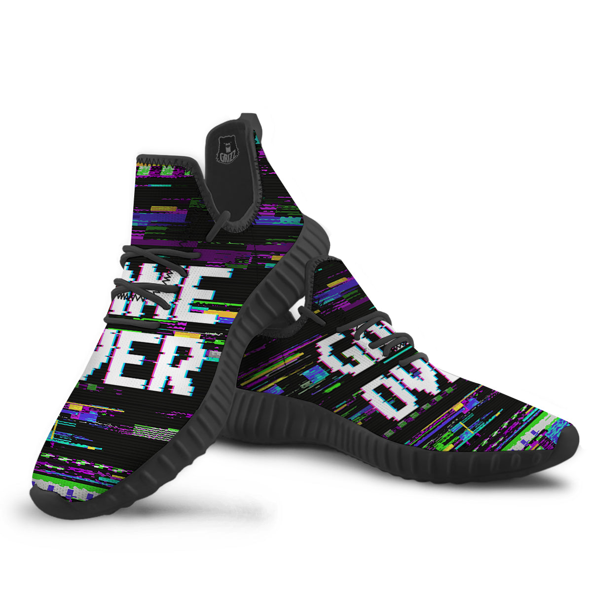 Game Over Text Glitch Effect Print Black Walking Shoes-grizzshop