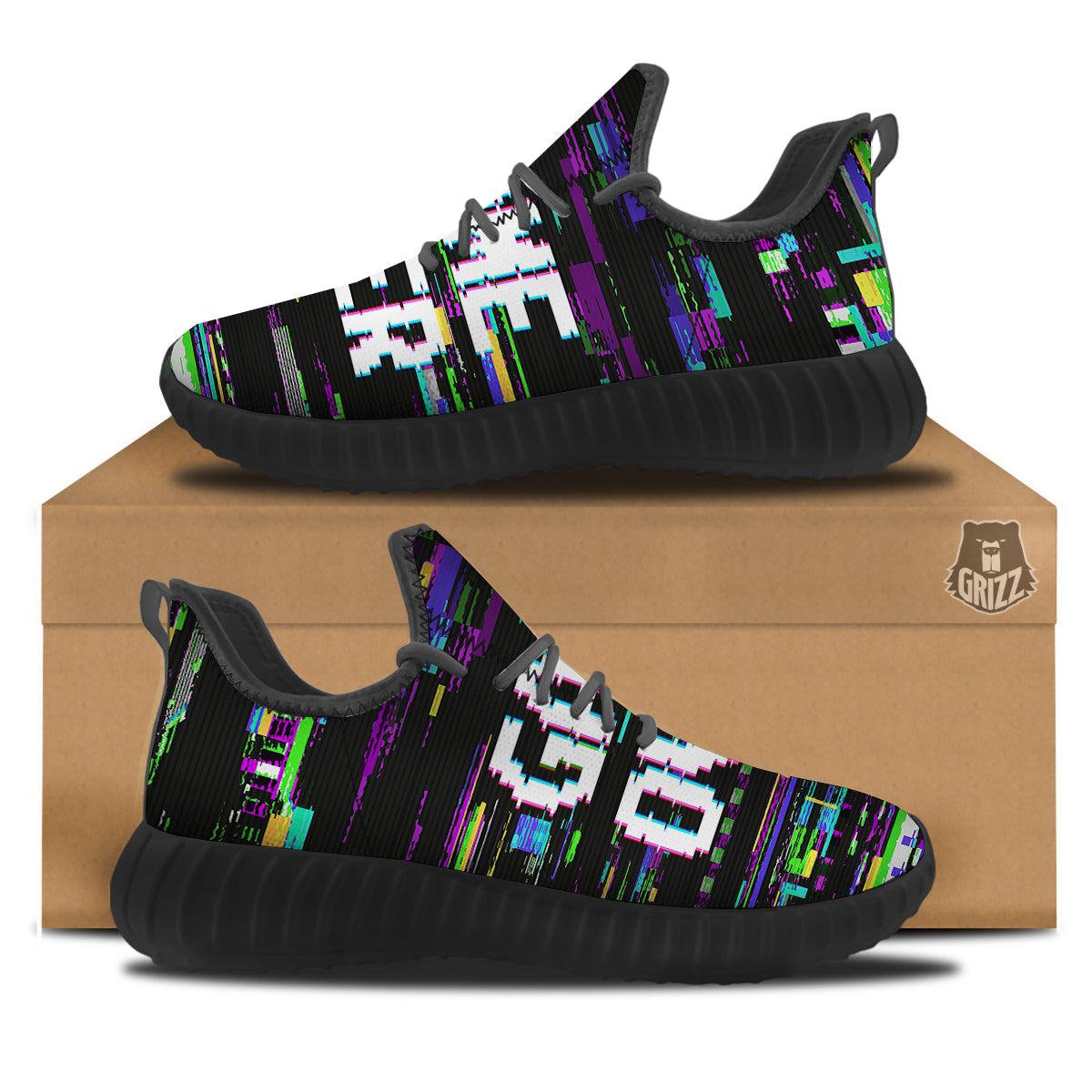 Game Over Text Glitch Effect Print Black Walking Shoes-grizzshop