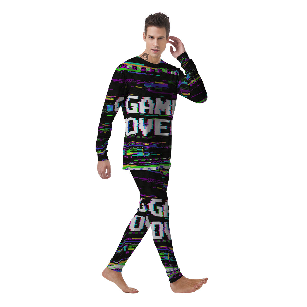 Game Over Text Glitch Effect Print Men's Pajamas-grizzshop