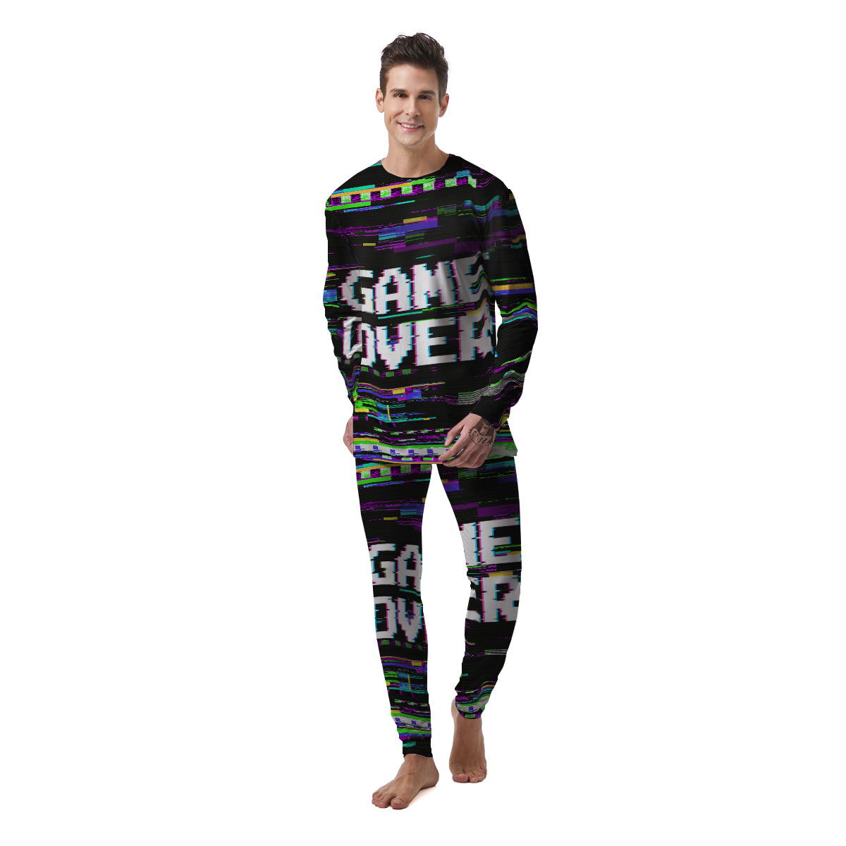 Game Over Text Glitch Effect Print Men's Pajamas-grizzshop