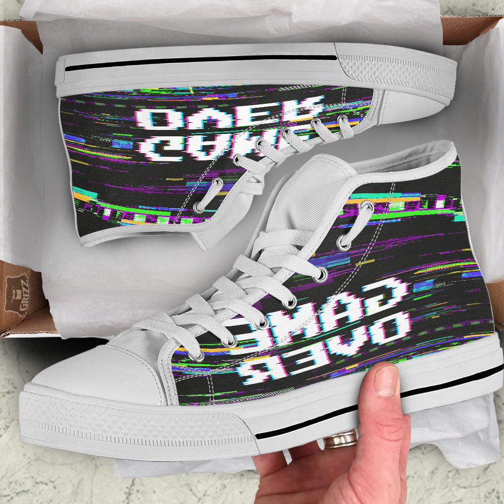 Game Over Text Glitch Effect Print White High Top Shoes-grizzshop