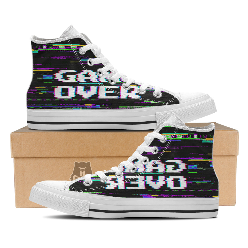 Game Over Text Glitch Effect Print White High Top Shoes-grizzshop