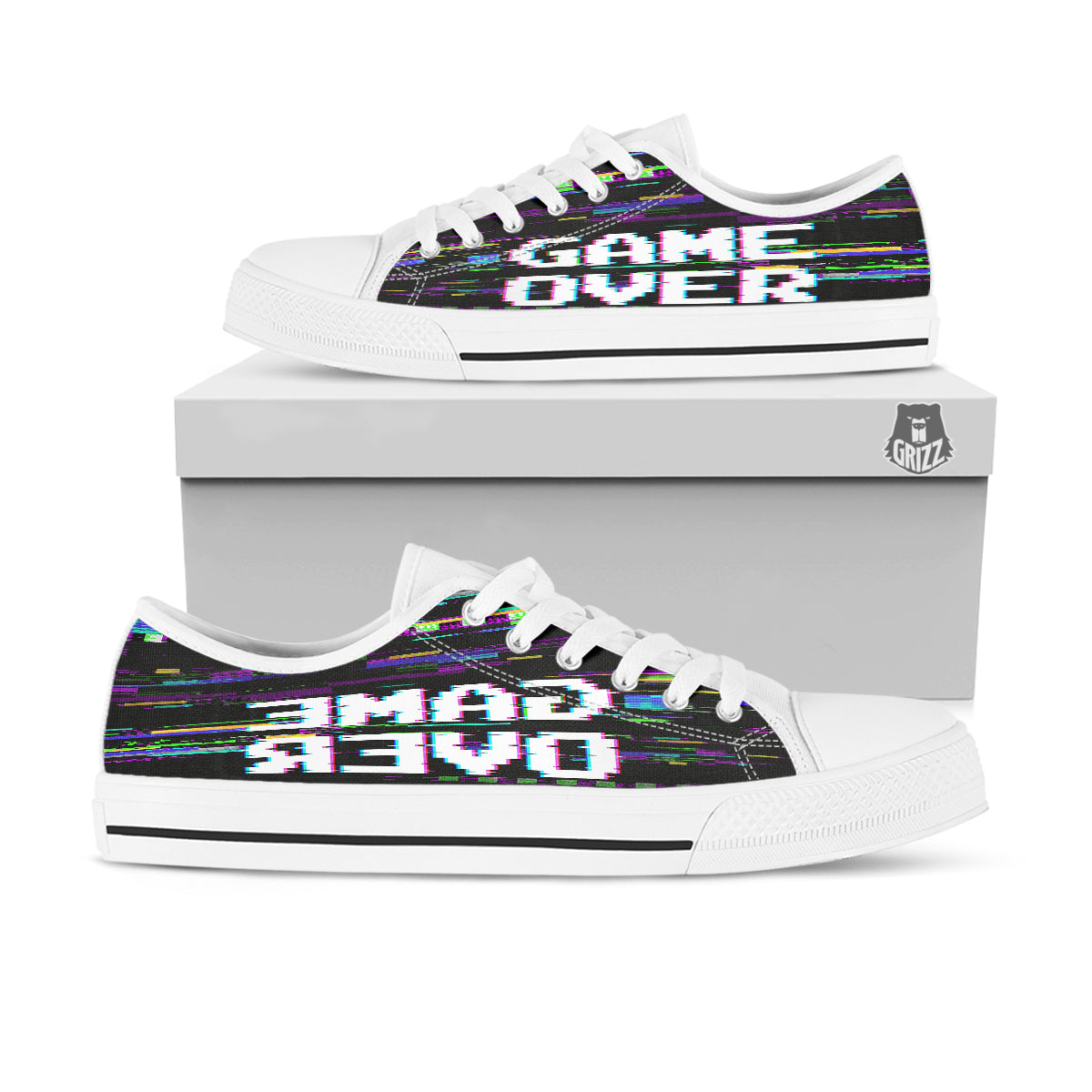 Game Over Text Glitch Effect Print White Low Top Shoes-grizzshop