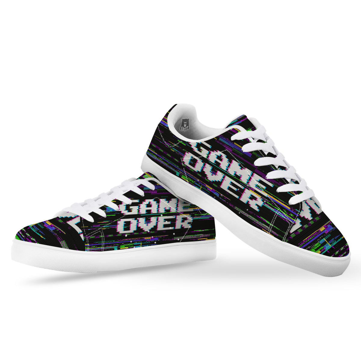 Game Over Text Glitch Effect Print White Low Top Sneakers-grizzshop