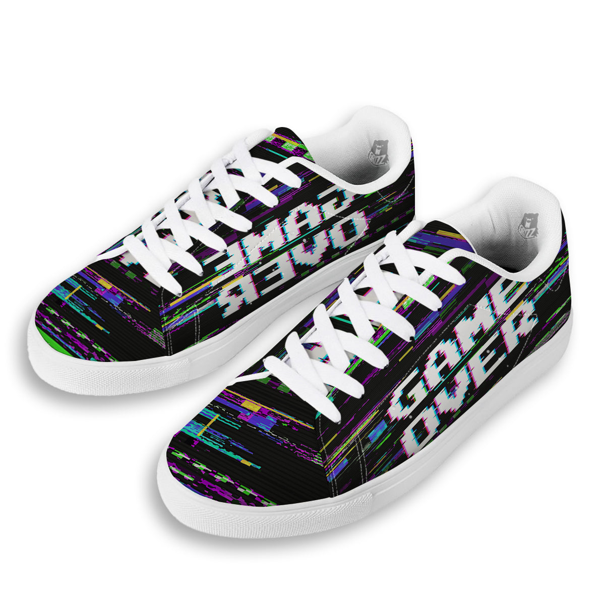 Game Over Text Glitch Effect Print White Low Top Sneakers-grizzshop