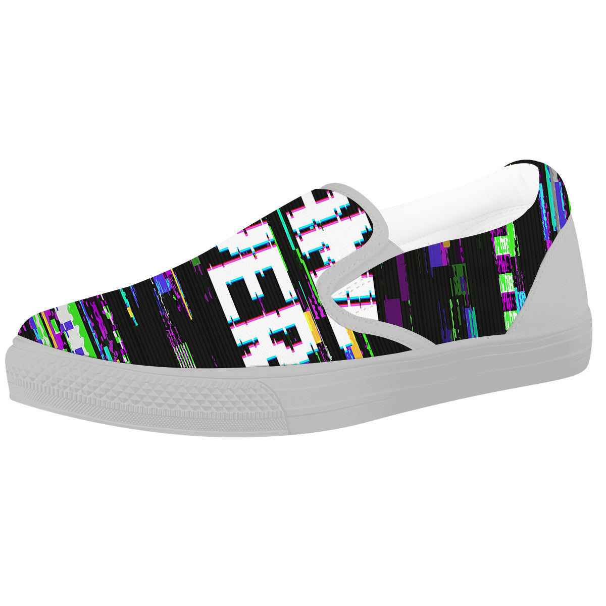 Game Over Text Glitch Effect Print White Slip On Shoes-grizzshop
