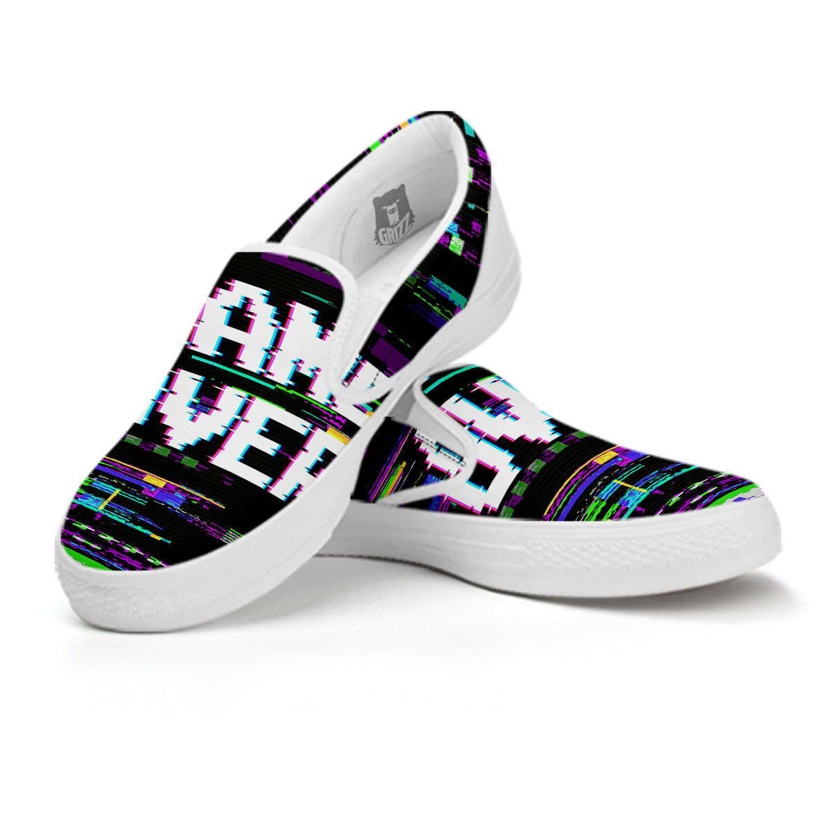 Game Over Text Glitch Effect Print White Slip On Shoes-grizzshop