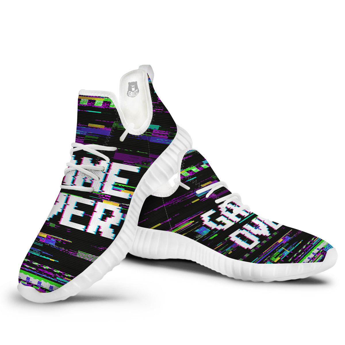 Game Over Text Glitch Effect Print White Walking Shoes-grizzshop