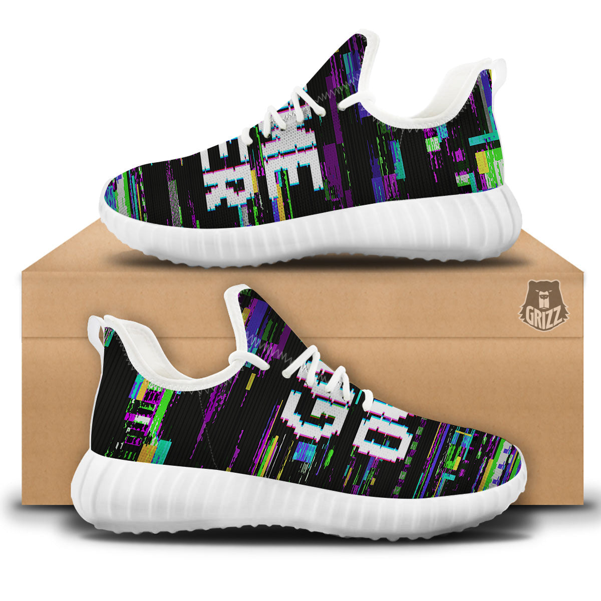 Game Over Text Glitch Effect Print White Walking Shoes-grizzshop