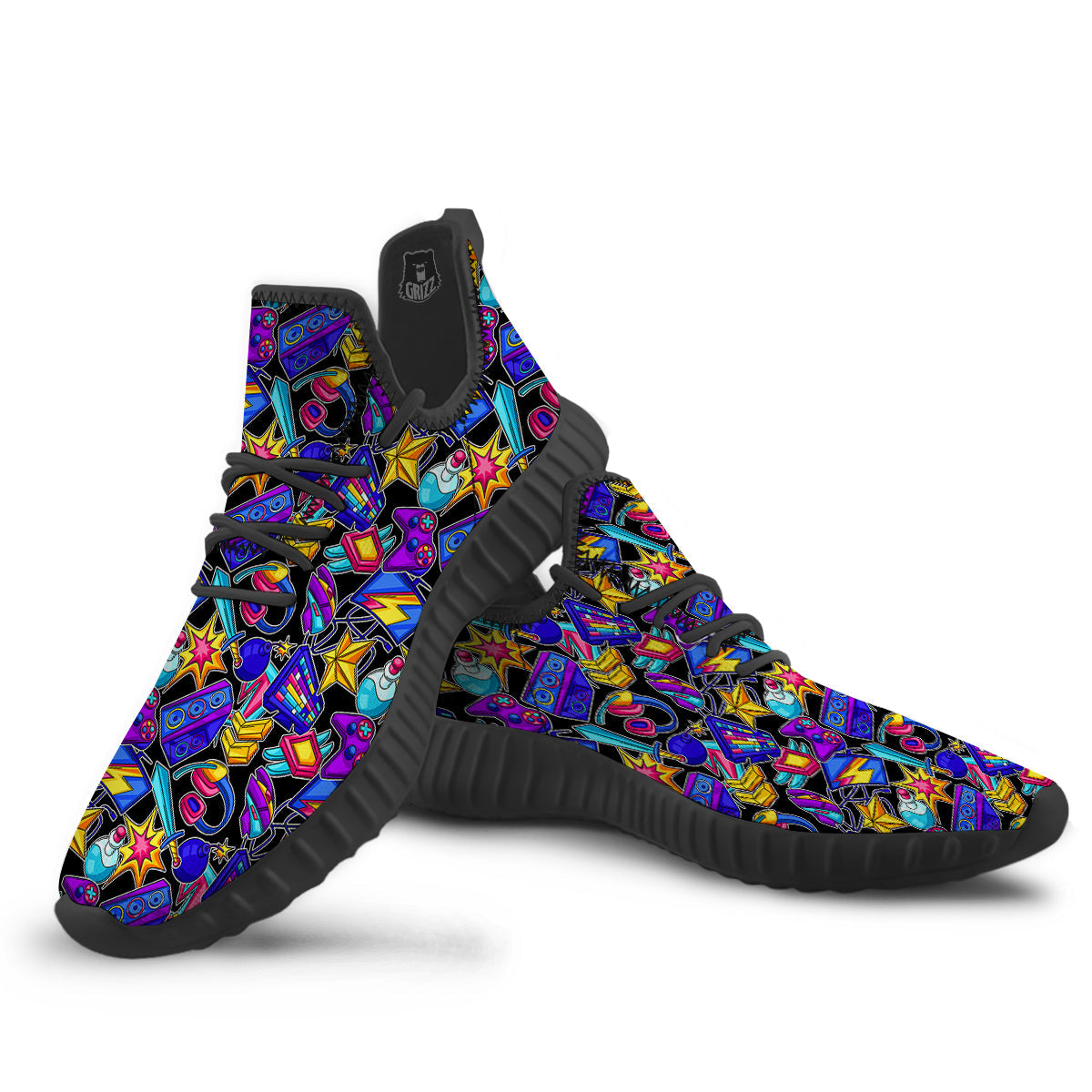 Gaming Items Colorful Print Pattern Black Walking Shoes-grizzshop