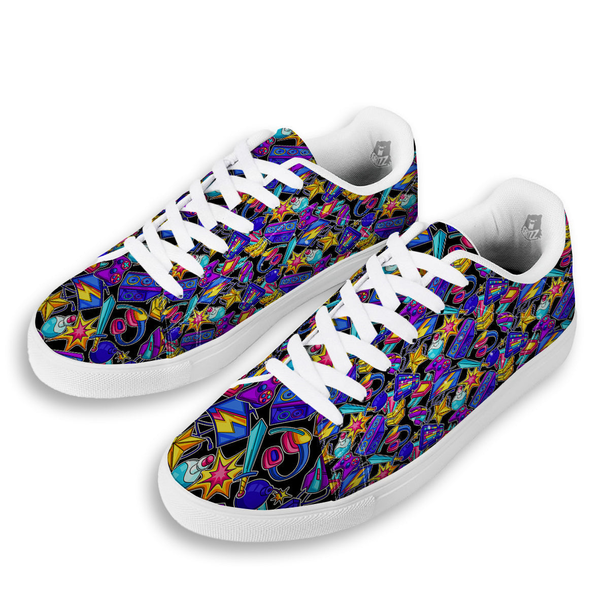 Gaming Items Colorful Print Pattern White Low Top Sneakers-grizzshop