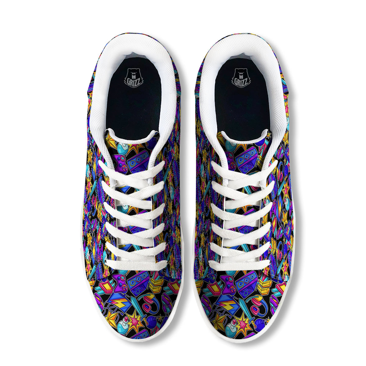 Gaming Items Colorful Print Pattern White Low Top Sneakers-grizzshop