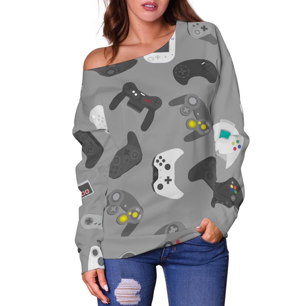 Gaming Joystick Print Pattern Women Off Shoulder Sweatshirt-grizzshop