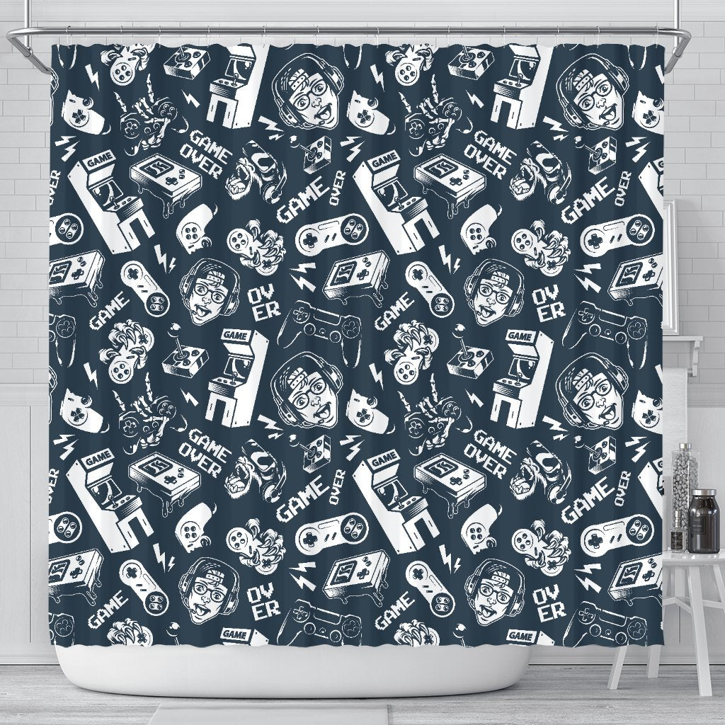 Gaming Pattern Print Bathroom Shower Curtain-grizzshop