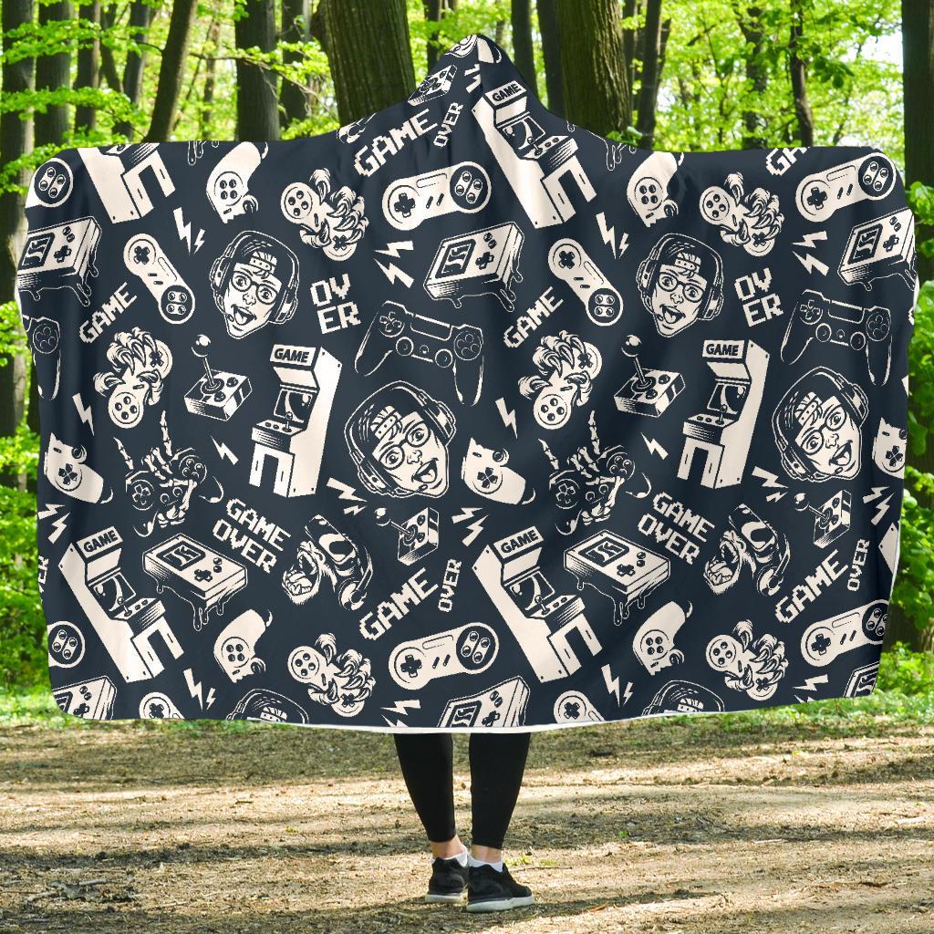 Gaming Pattern Print Hooded Blanket-grizzshop