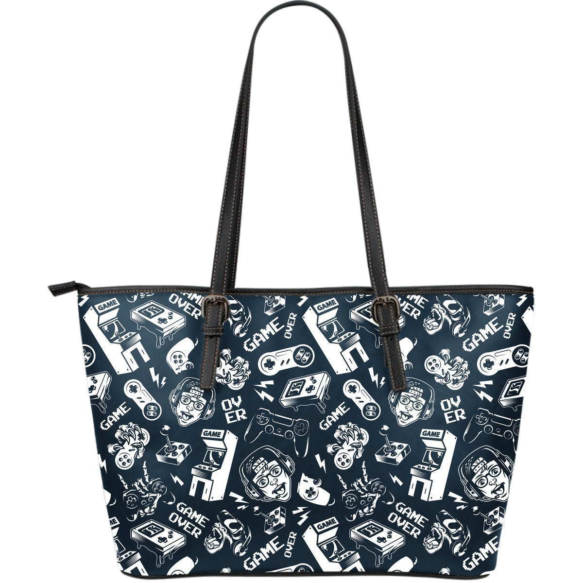 Gaming Pattern Print Leather Tote Bag-grizzshop